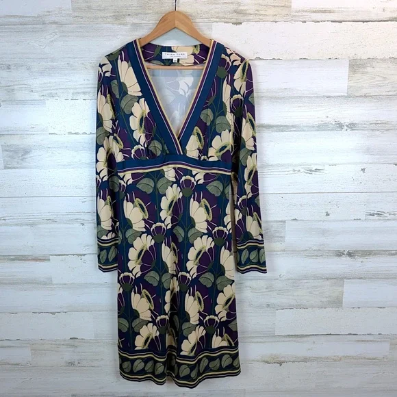 Trina Turk Silk Floral V Neck Empire Waist Dress Boho Chic Sz 12 Retro Boho - Picture 3 of 13
